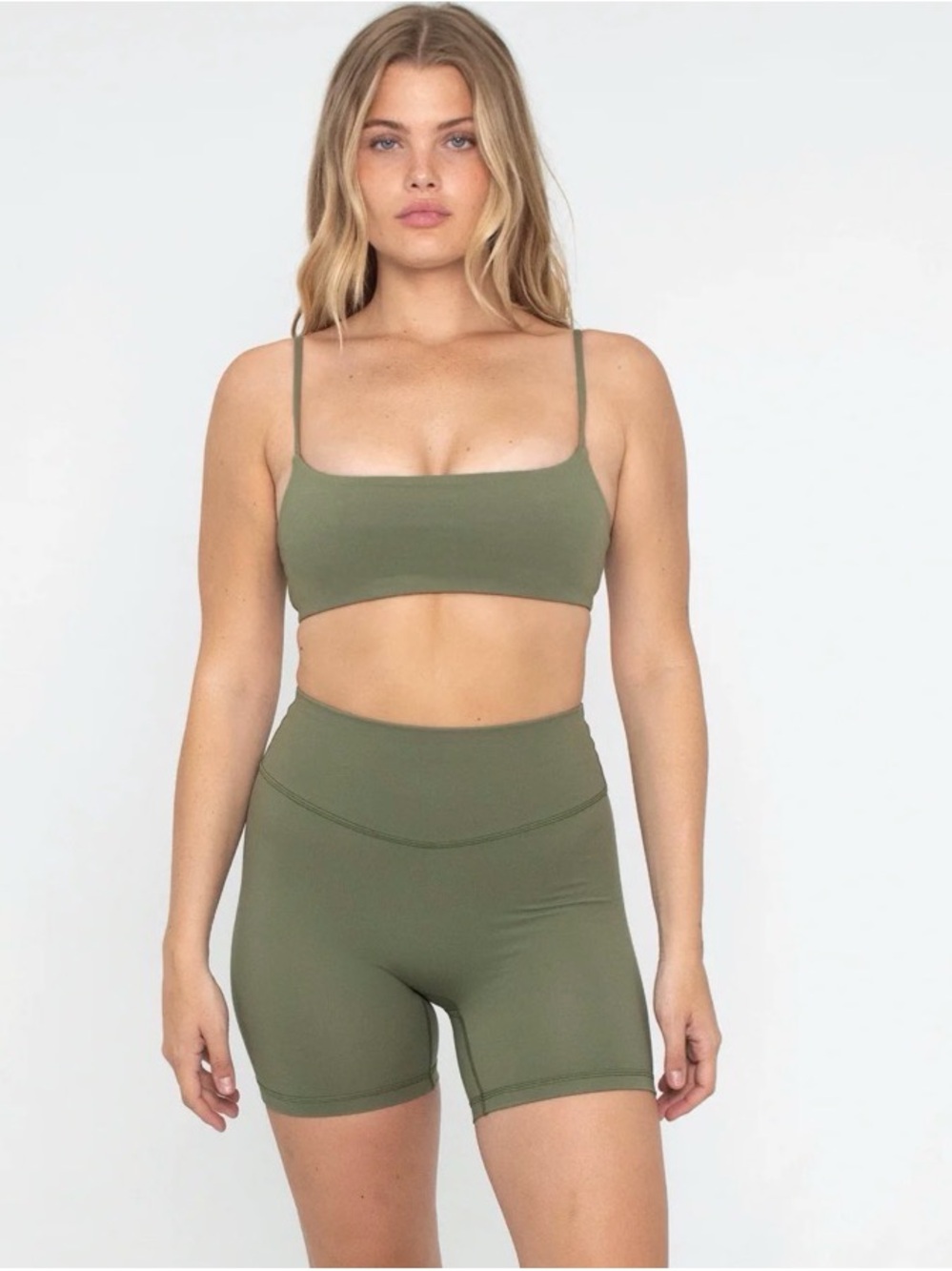 FORM Olive Green Sports Bra (S) and High-Waist Biker Shorts (M) Set